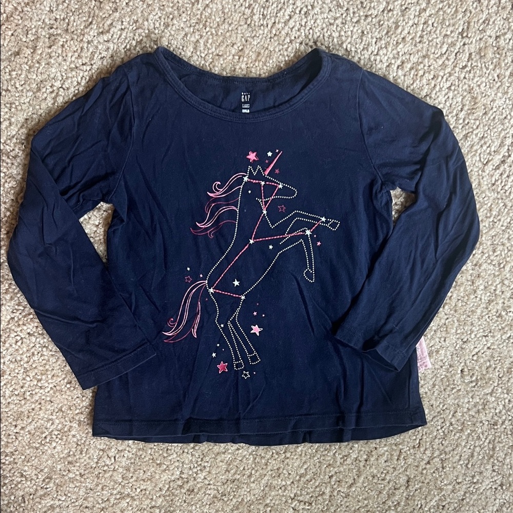 GAP Navy Blue Kids Unicorn constellation Long Sleeve Tee with Pink Cape